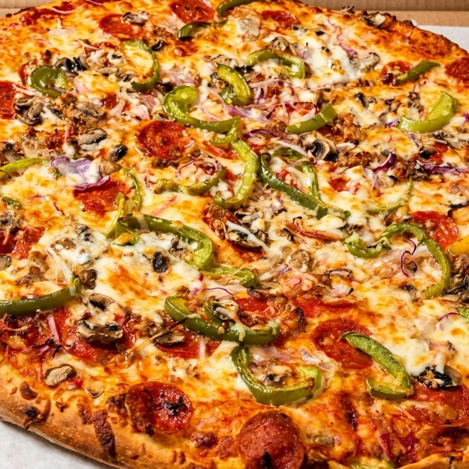 A large, hot pizza with pepperoni, green peppers, mushrooms, and onions in a cardboard box.