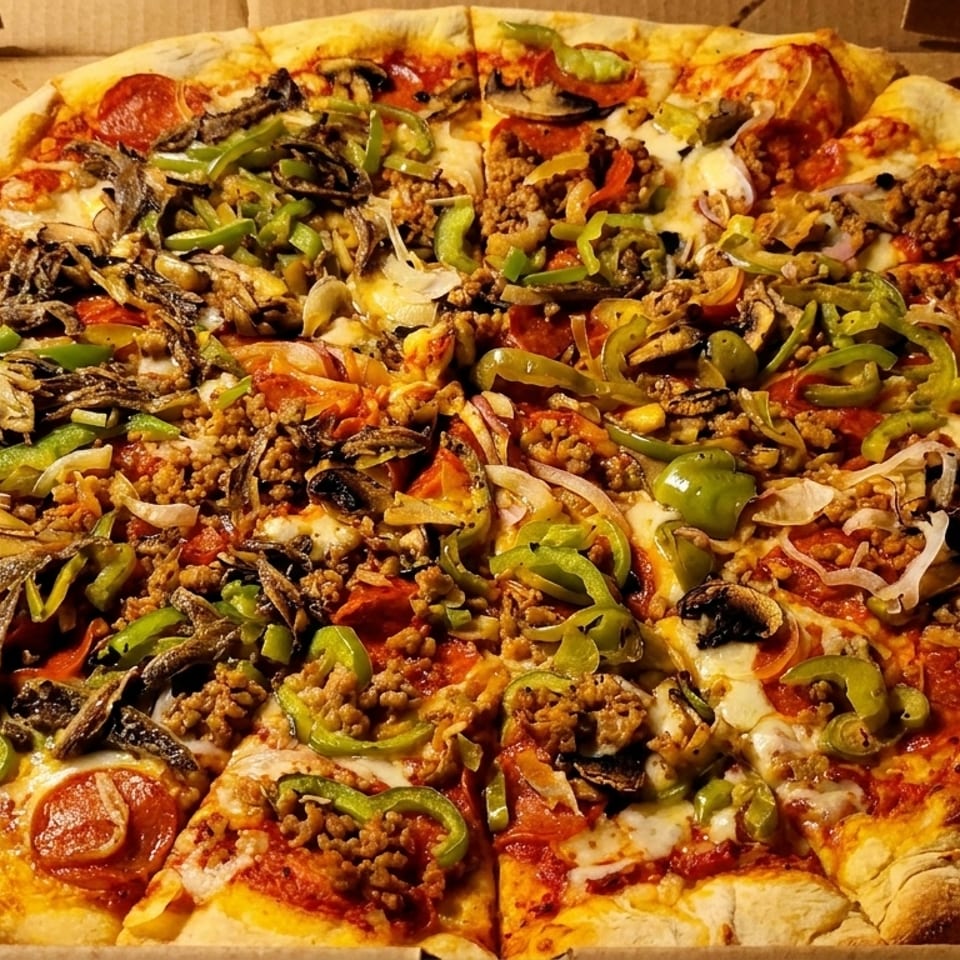 A whole pizza in a cardboard box, topped with pepperoni, sausage, green peppers, onions, and mushrooms.