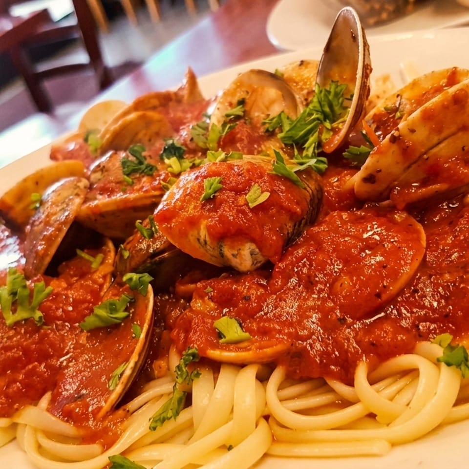 Linguine pasta with clams and red sauce, garnished with fresh parsley, on a white plate.