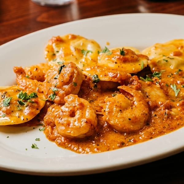 Shrimp and ravioli pasta dish with a creamy orange sauce and parsley on a white plate.