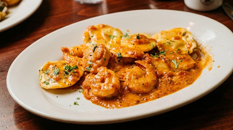 Shrimp and ravioli pasta dish with a creamy orange sauce and parsley on a white plate.