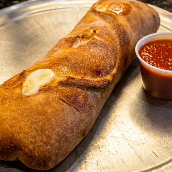 Golden-brown stromboli with melted cheese on a metal pizza tray, served with a side of marinara sauce.