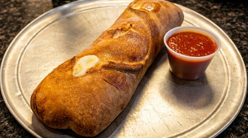 Golden-brown stromboli with melted cheese on a metal pizza tray, served with a side of marinara sauce.