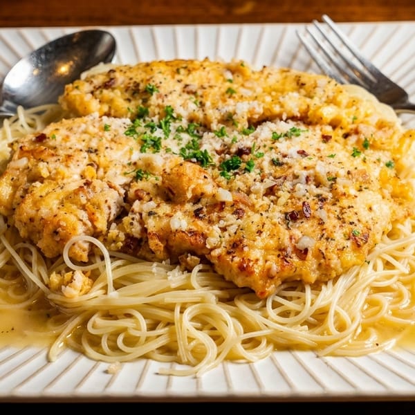 Chicken scampi with spaghetti, topped with parsley and cheese, on a white plate with a fork and spoon.