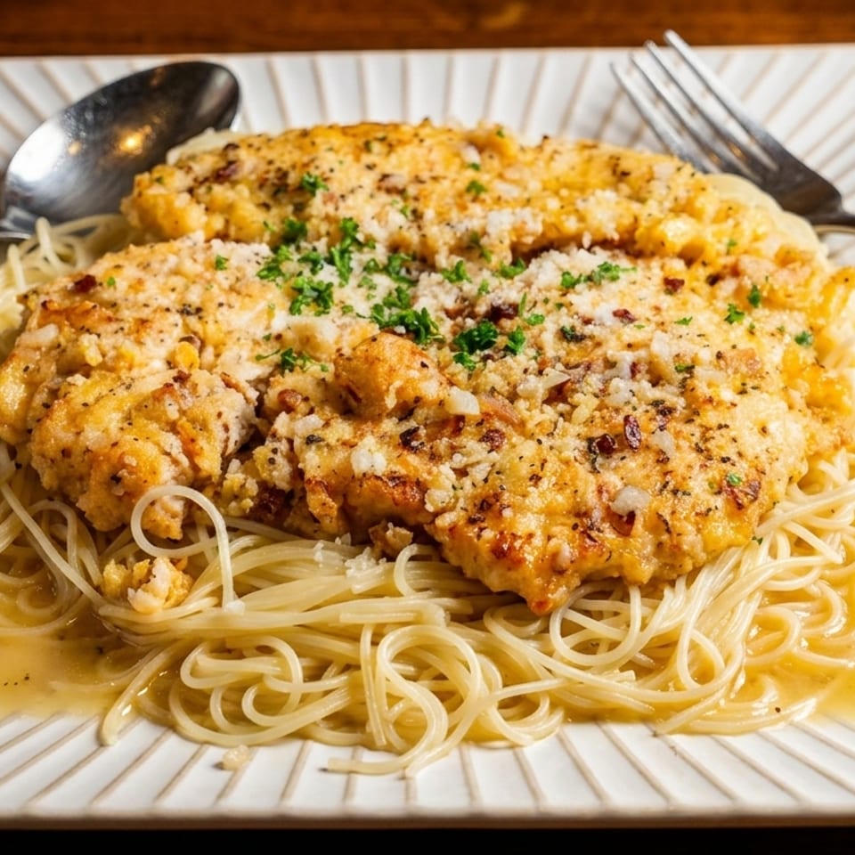 Chicken scampi with spaghetti, topped with parsley and cheese, on a white plate with a fork and spoon.