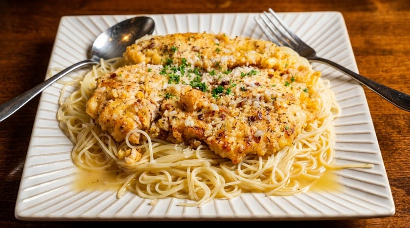 Chicken scampi with spaghetti, topped with parsley and cheese, on a white plate with a fork and spoon.