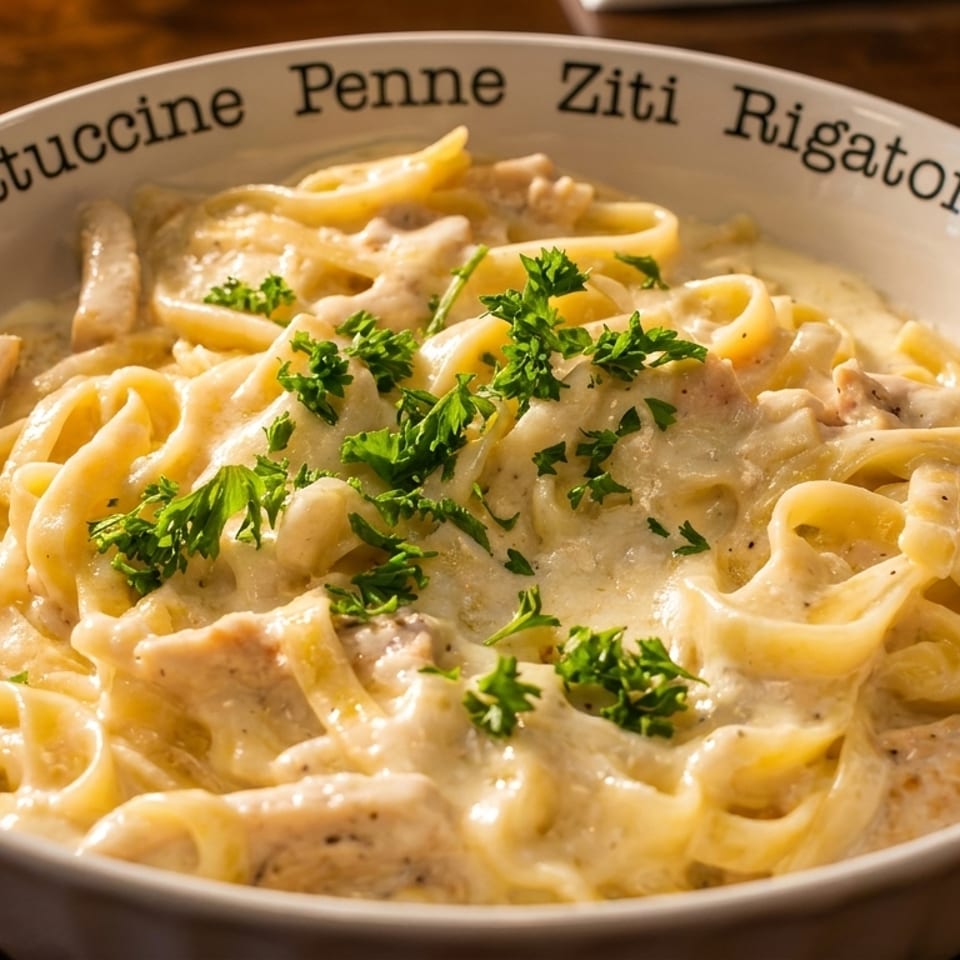 Creamy fettuccine alfredo with chicken and parsley in a white bowl with pasta names on the rim.