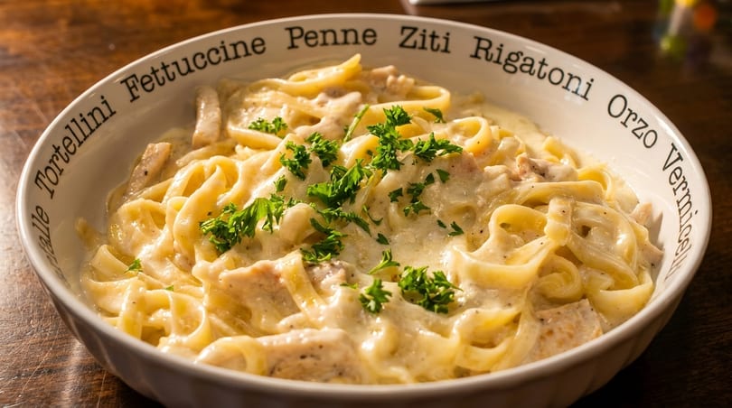 Creamy fettuccine alfredo with chicken and parsley in a white bowl with pasta names on the rim.