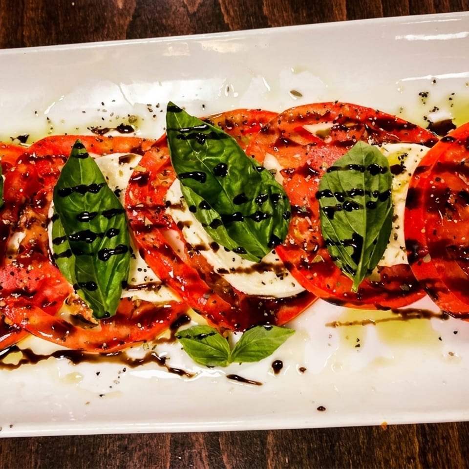 Caprese salad with sliced tomatoes, mozzarella, fresh basil, olive oil, and balsamic glaze.