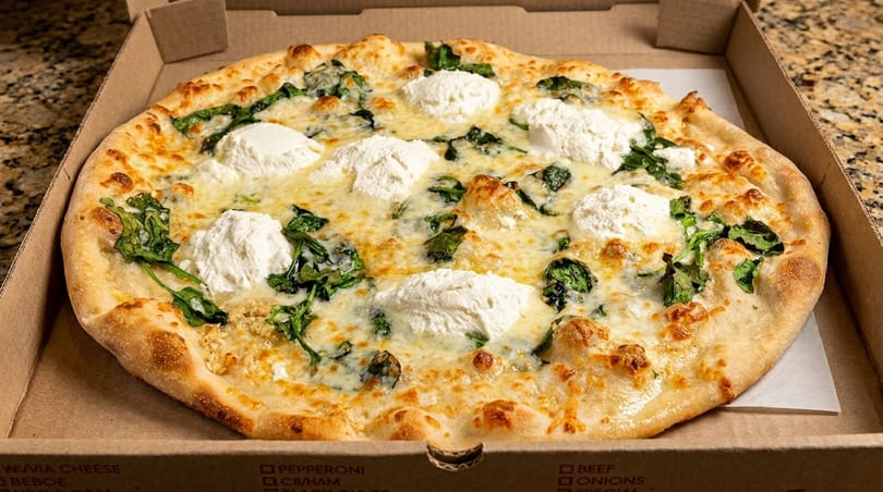 A white pizza with spinach and dollops of ricotta cheese in a cardboard delivery box.