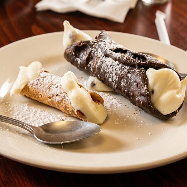 Two cannoli, one chocolate and one classic, dusted with powdered sugar on a white plate.