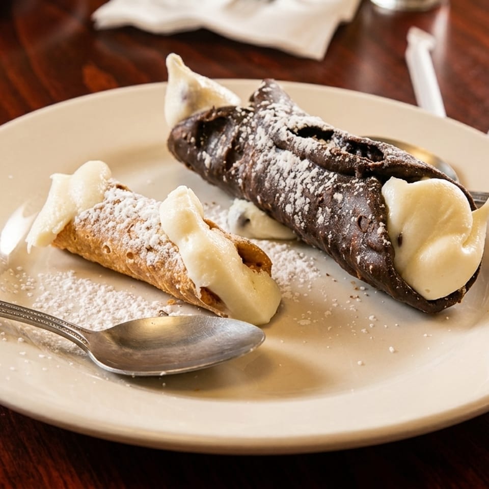 Two cannoli, one chocolate and one classic, dusted with powdered sugar on a white plate.