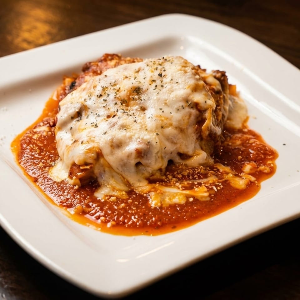 A serving of lasagna with melted cheese and tomato sauce on a white rectangular plate.