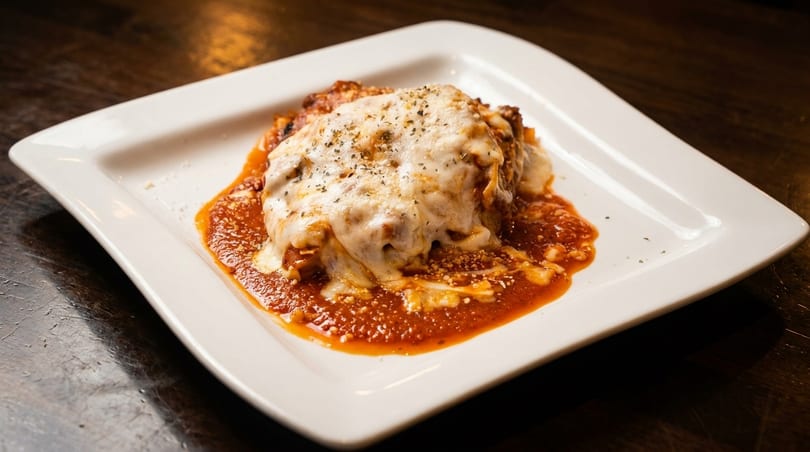 A serving of lasagna with melted cheese and tomato sauce on a white rectangular plate.
