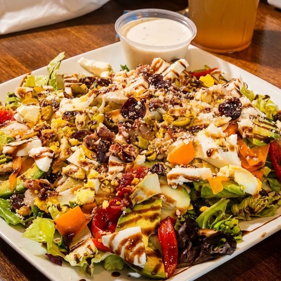 A large, colorful salad with mixed greens, avocado, cheese, eggs, and balsamic glaze.