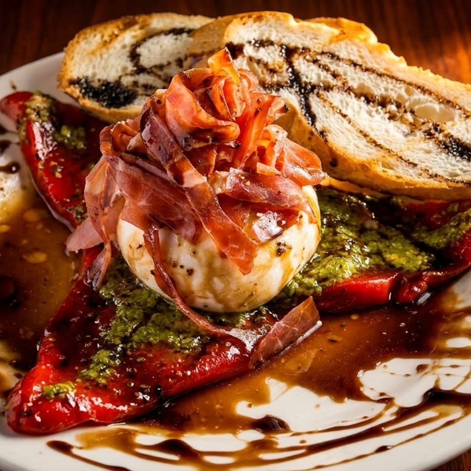 Burrata cheese topped with prosciutto, pesto, roasted red peppers, and balsamic glaze with bread.